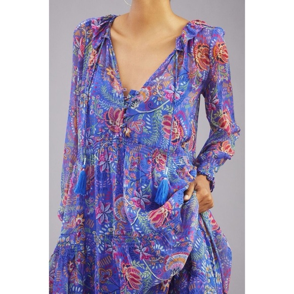 Anthropologie The Marais Chiffon Maxi Dress Blue Motif Small Petite SP Rare - Picture 7 of 8